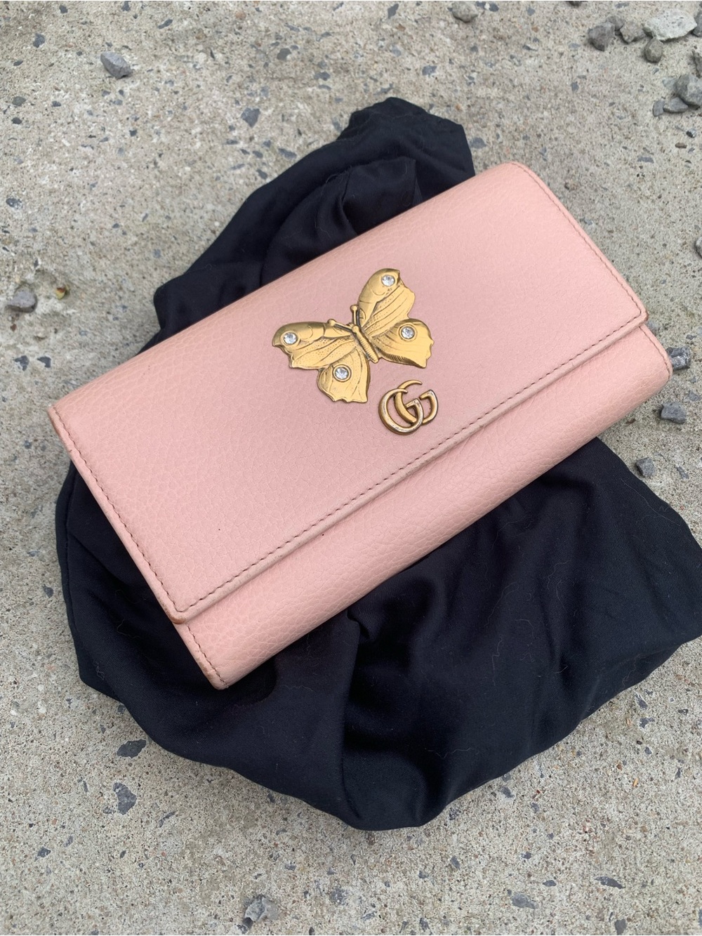 Authentic Gucci Pink Leather Crystal Butterfly Continental Wallet